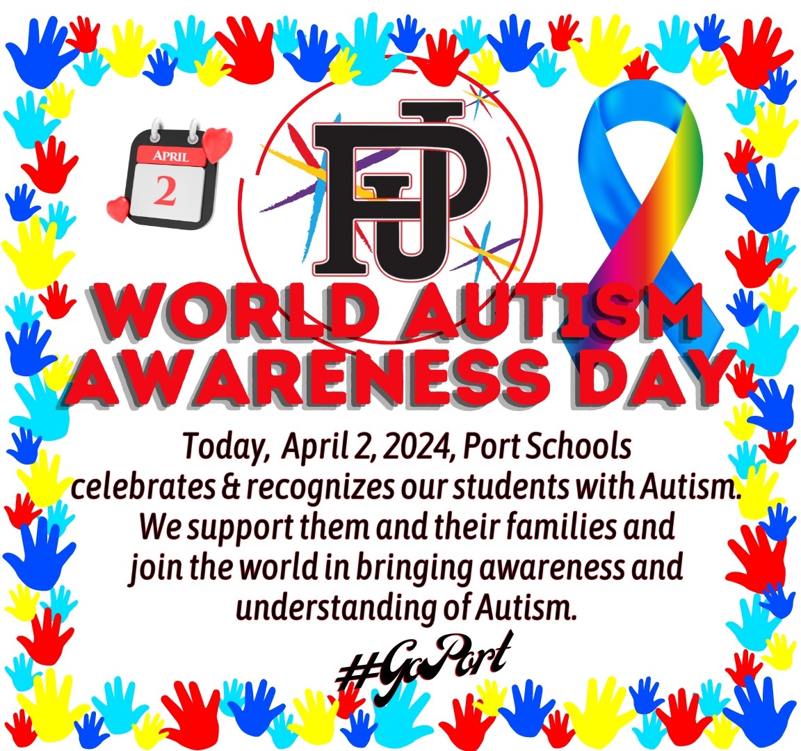 Today, April 2, 2024, Port Schools celebrates & recognizes our students w Autism. We support them & their families and join the world in bringing awareness and understanding of Autism. #WorldAutismAwarenessDay @Autism @autismspeaks @andrewmarotta21 @JohnJBell15 @ouboces @SAANYS
