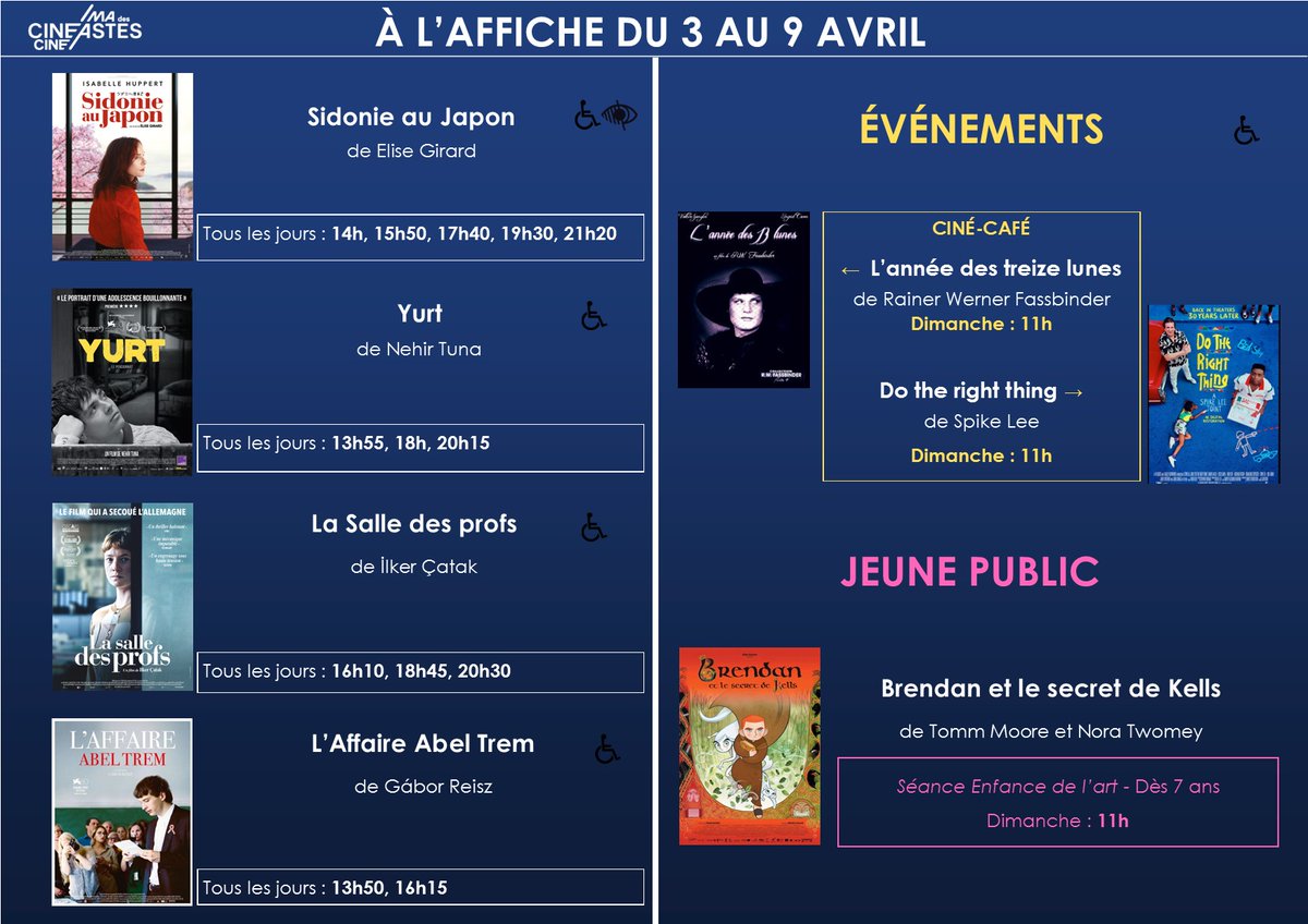 [Programme de la semaine]

🎬 À l'affiche au Cinéma des Cinéastes du mercredi 3 au mardi 9 avril :

🎟️cinema-des-cineastes.fr 

#cinema #cinemadescineastes #SidonieauJapon #Yurt #Lasalledesprofs #LAffaireAbelTrem  #BrendanetlesecretdeKells #Lanneedestreizelunes #Dotherightthing