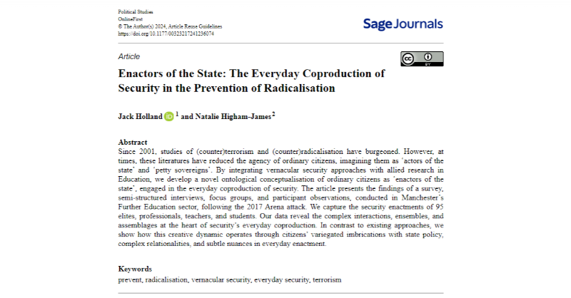 Enactors of the State: @DrJackHolland & @nhighamjames examine the everyday coproduction of security in the prevention of radicalisation. Read in @PolStudies: journals.sagepub.com/doi/full/10.11… (OPEN ACCESS) @PolStudiesAssoc @SAGECQPolitics #freeaccess #polsci