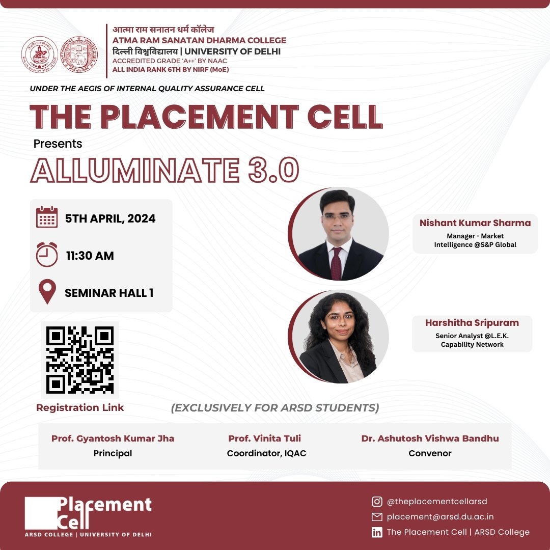 We are thrilled to announce the third edition of our Annual Alumni Connect Event, Alluminate 3.0. Date: 5th April 2024 Time: 11:30 A.M. Venue: Seminar Hall 1, ARSD College @arsdcollegedu @EduMinOfIndia @ugc_india @UnivofDelhi
