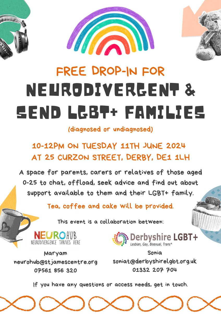 Derbyshire LGBT+ and Neurohubs are hosting a free drop-in session for carers or relatives of those who are neurodivergent/SEND aged 0-25 to chat and seek advice about support available to you and your LGBT+ family. For more information contact soniat@derbyshirelgbt.org.uk