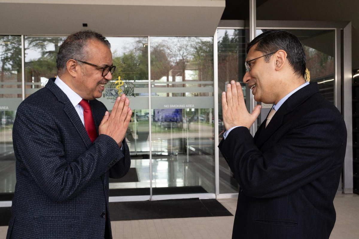 Strengthening India’s ties with @WHO! PR @abagchimea met DG WHO @DrTedros, to discuss areas of India-WHO collaboration in #GlobalHealth, including #TraditionalMedicine and #DigitalHealth. @MEAIndia