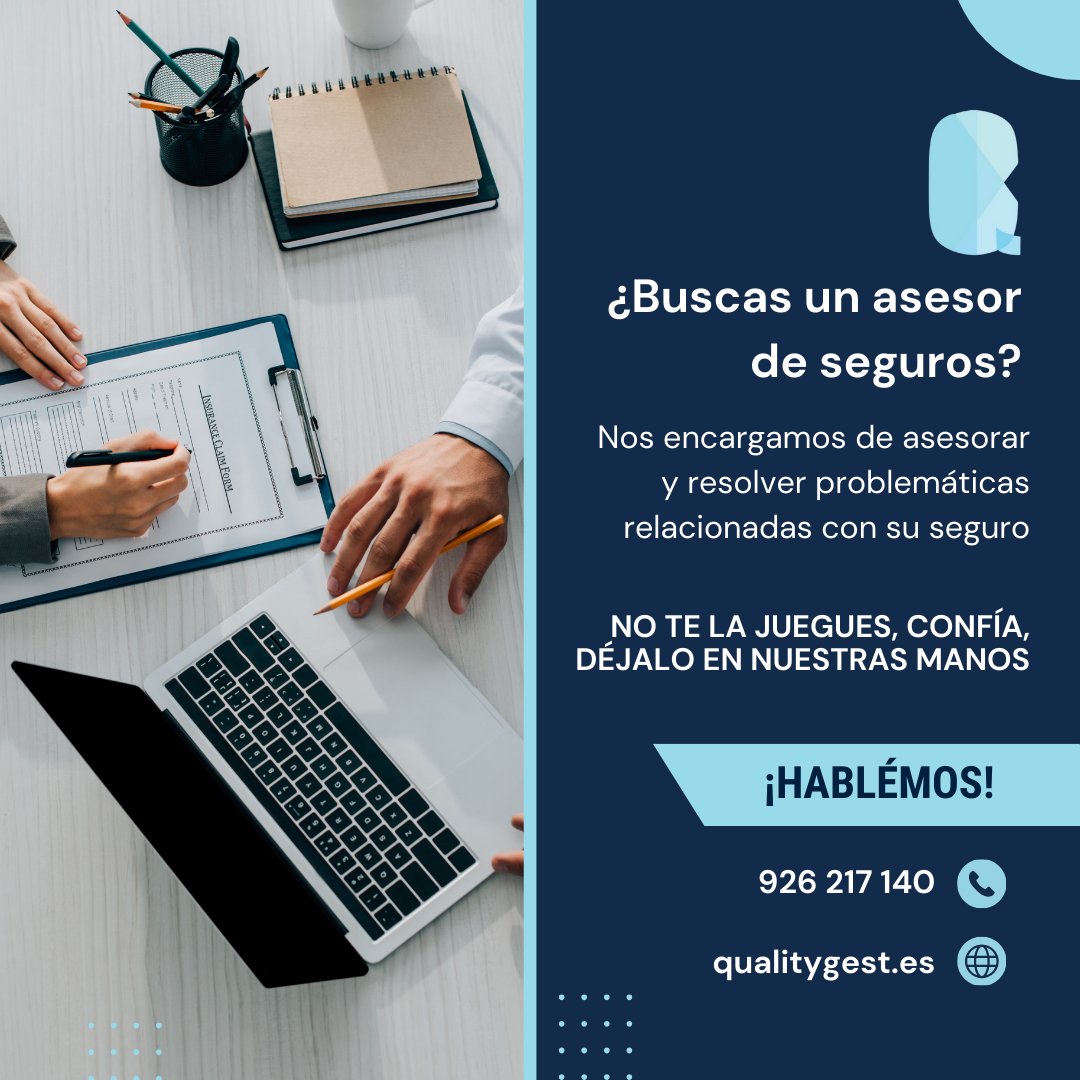 qualitygest's tweet image. ¿Necesitas un asesor de seguros de confianza? 📑👥

En QUALITYGEST estamos aquí para resolver todas tus dudas y ayudarte con cualquier problemática relacionada con tus seguros.  📑

¡Contáctanos! 🛡️🤝

🖥️ qualitygest.es
📞 926 217 140

#Qualitygest #Asesoria #CiudadReal