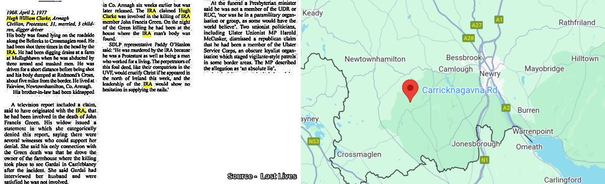 #OnThisDay in 1977 the IRA murdered Hugh (William) Clarke, 31. Married father of 3. Abducted &amp; shot x5 digging farm drains. Murderers questioned farm owner. Body dumped at Redmond`s X, Carricknagavna Rd, Crossmaglen. SDLP rep: "murdered by the IRA because he was a Protestant"#OTD