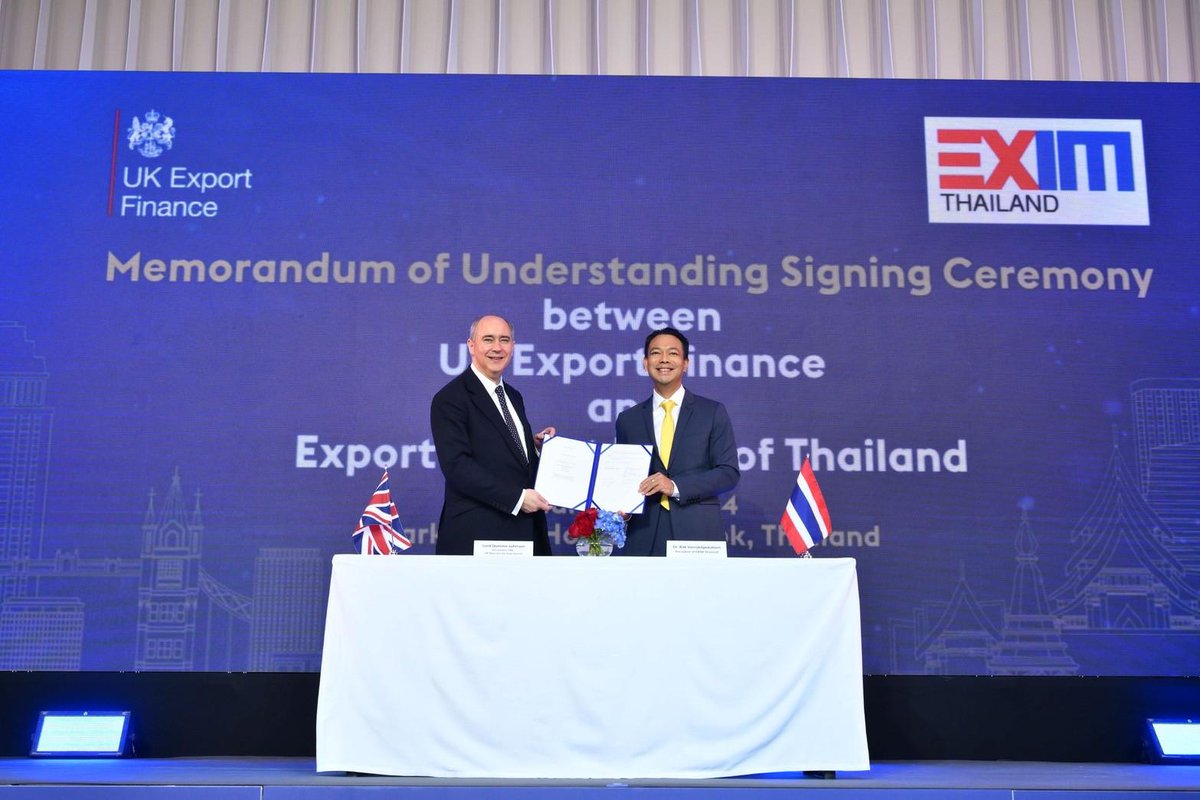 Last week, I signed an MoU on behalf of @UKEF with @ThaiEXIMBANK to help boost bilateral trade and investment to strengthen for 🇬🇧-🇹🇭relations. It’s the first strategic agreement between us and will support our brilliant SMEs looking to expand to new markets.