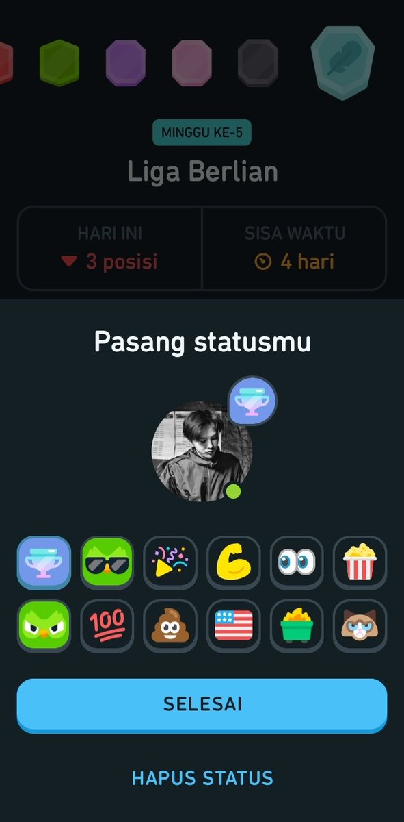 Akhirnya bisa namatin Duolingo dengan achiever :
-Xp terbanyak ada pada kursus bahasa korea.
-bisa finish di tier Liga Final  diamond pada ke 83-Day Streak.
-dapat emote baru 🪄✨️