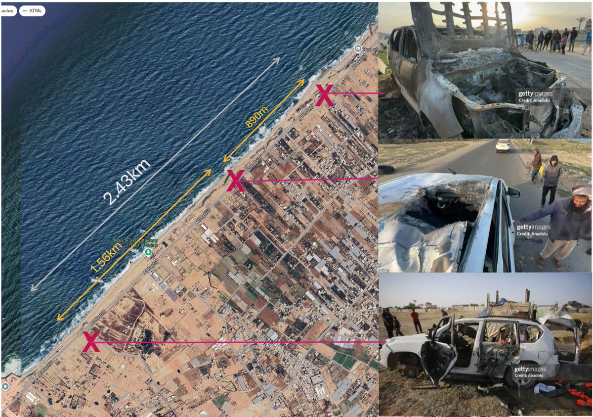 It is misleading to describe the @WCKitchen killing as an airstrike (singular). In actual fact 3 vehicles were targeted, with the first & last being over 2.4km apart. The IDF decided to make 3 targeted strikes, not one. Geolocation from @m_osint and @ChrisOsieck #Gaza