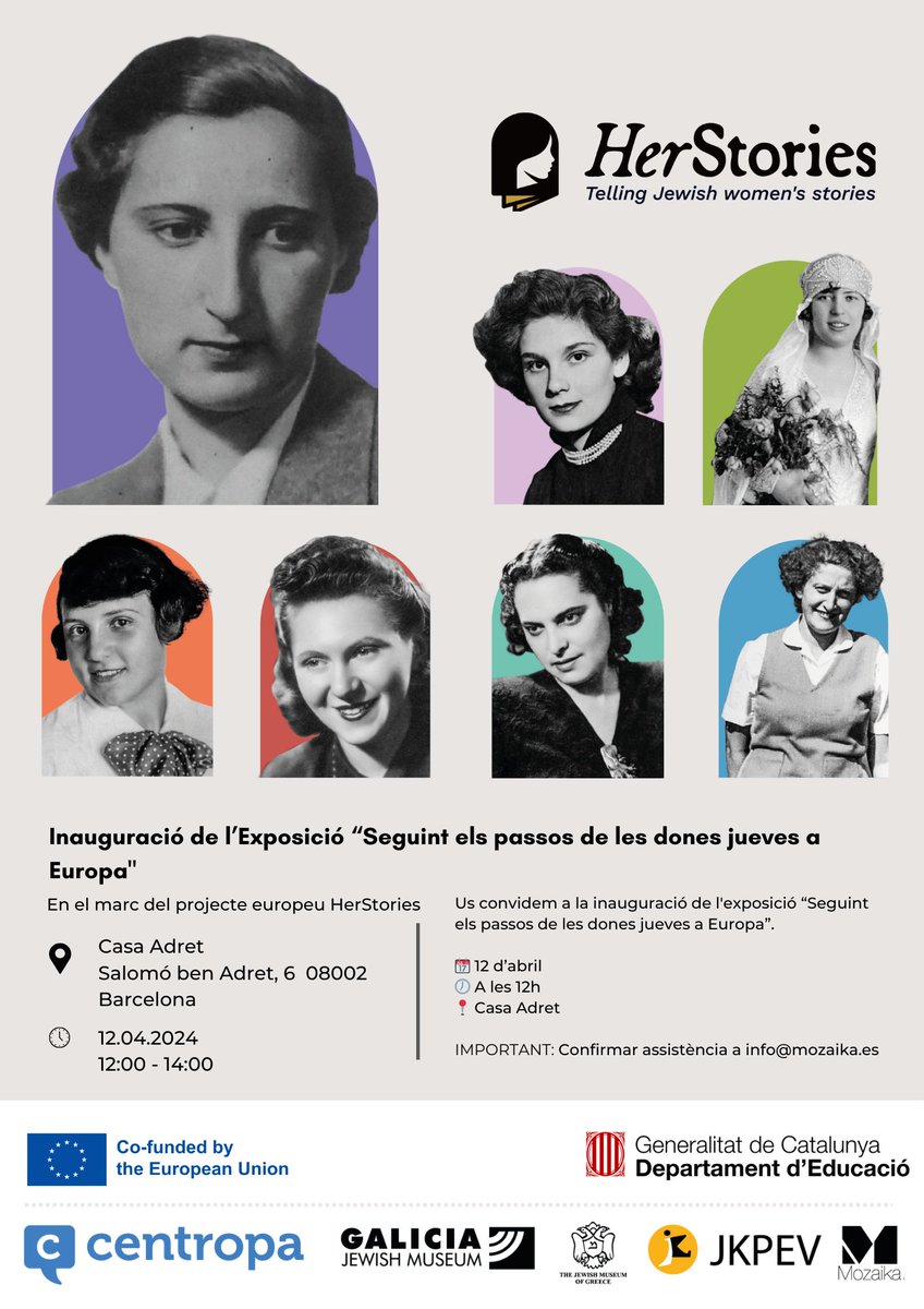 ✨Us convidem a assistir a la inauguració de l'exposició de HerStories 'Seguint els passos de les dones jueves a Europa' que tindrà lloc el divendres 12 d'abril a les 12 h del migdia a Casa Adret (Salomó ben Adret, 6). Si us plau, confirmeu assistència a: info@mozaika.es