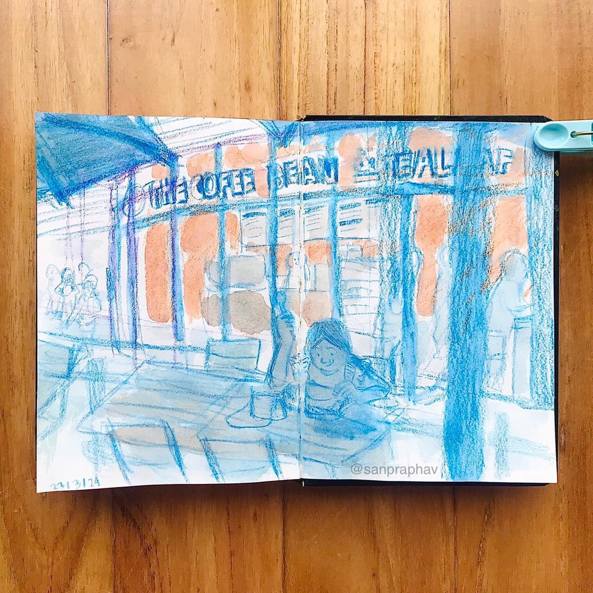 Sketching at the cafe,
with a nice cup of hot chocolate of course! 
☕✨🧡💙

#sketchbookart #sketchbook #travelsketch 
#sanpraphav #sanpraphavsketch