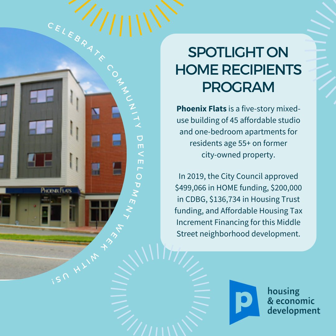CityPortland's tweet image. Day 2! National Community Development Week celebrates HOME funded projects like Phoenix Flats. This multi-family development is a 5-story mixed-use building, 45 affordable studio + 1 bedroom apts for residents 55+ (11 units for long term stayers of the City shelter). #CDWeek2024