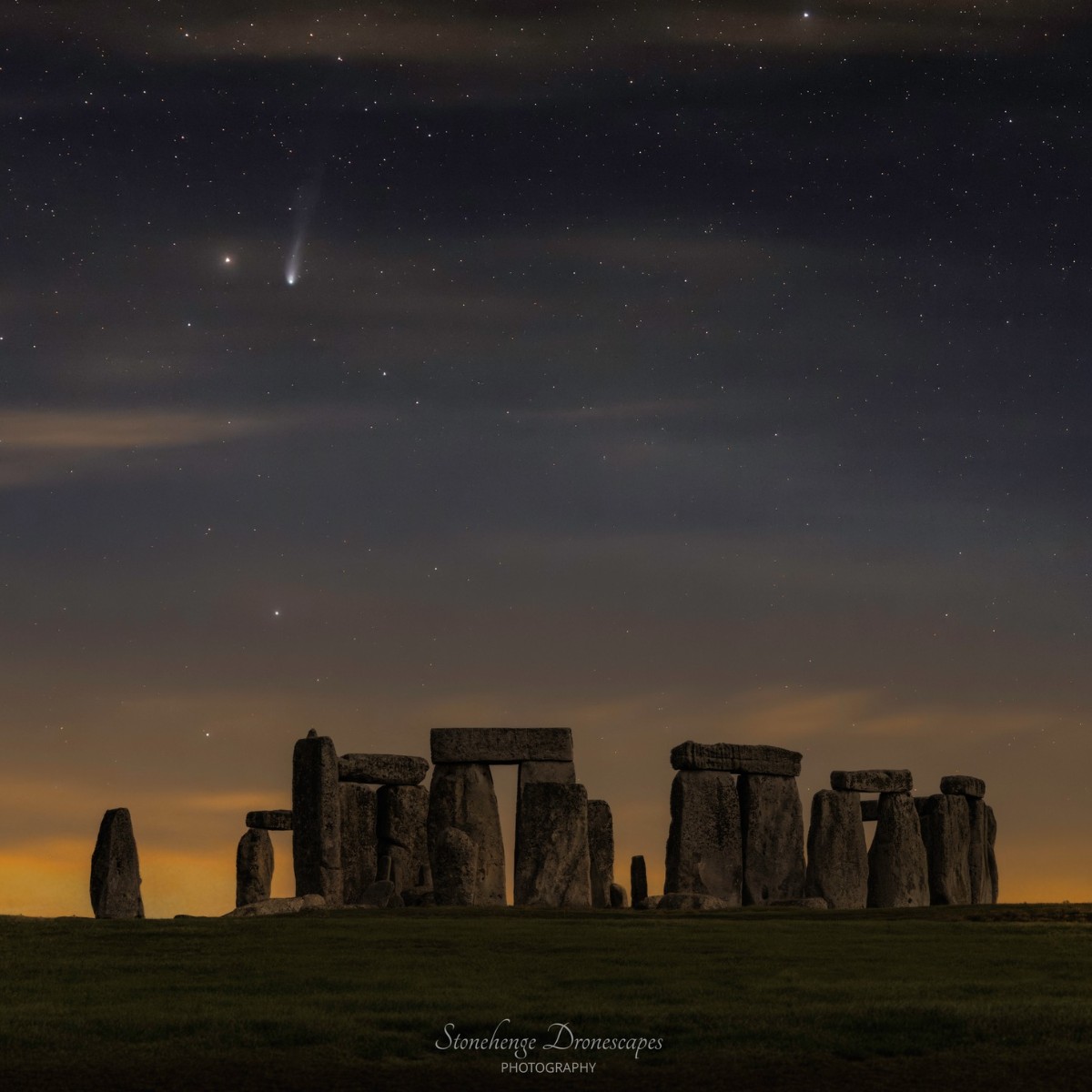 Comet 12P/Pons-Brooks pictured over Stonehenge on Saturday. ☄️🌟 If you have a pair of binoculars, you may be able to see the comet in the skies during evening twilight today. Look to the constellation of Aries, near Himal, the brightest star in Aries. 📷: Nick Bull
