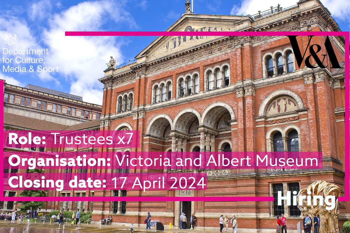 Join the @V&A in its mission to showcase the power of creativity, champion design and inspire creators The museum group is recruiting for seven trustees Find out about the role and apply before 17 April 👇 …for-public-appointment.service.gov.uk/roles/8064