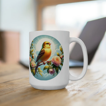 FGuasch74030's tweet photo. This item is an 11oz. coffee mug. It has a round type of design that shows a canary bird. It's part of a mug collections with birds.
#art #coffeemug #canarybird #homeproduct https://t.co/3OMAzsNIBb