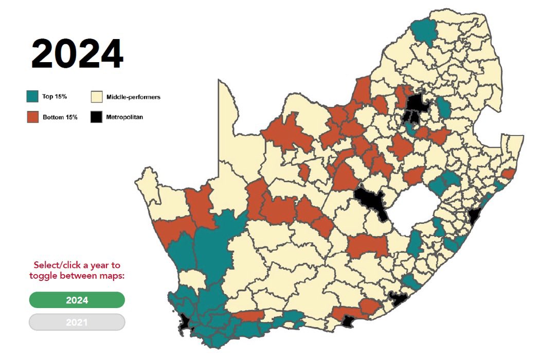 The Best Performing Municipalities in South Africa and the worst performing. Guess who governs most of the ones in blue 😉 South Africans are still confused about who to vote for 😂. Yeah neh. Source: Government Performance Index