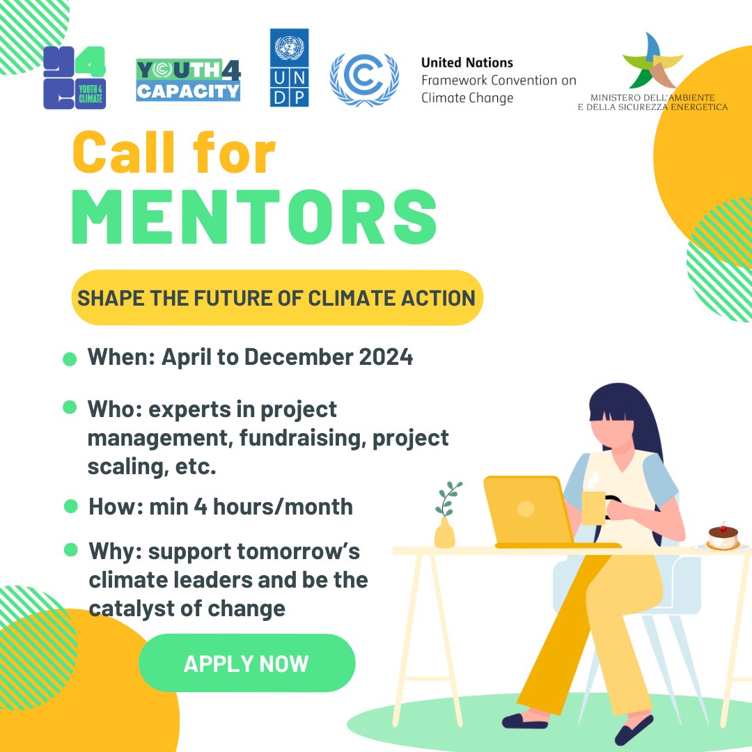 ⚠️Last chance to join #Youth4Climate as a mentor! If you have 5+ years of experience in renewable energy 🌞, climate education 📚, urban sustainability 🌇, or food & agriculture 👩‍🌾, apply today: youth4climate.grantplatform.com