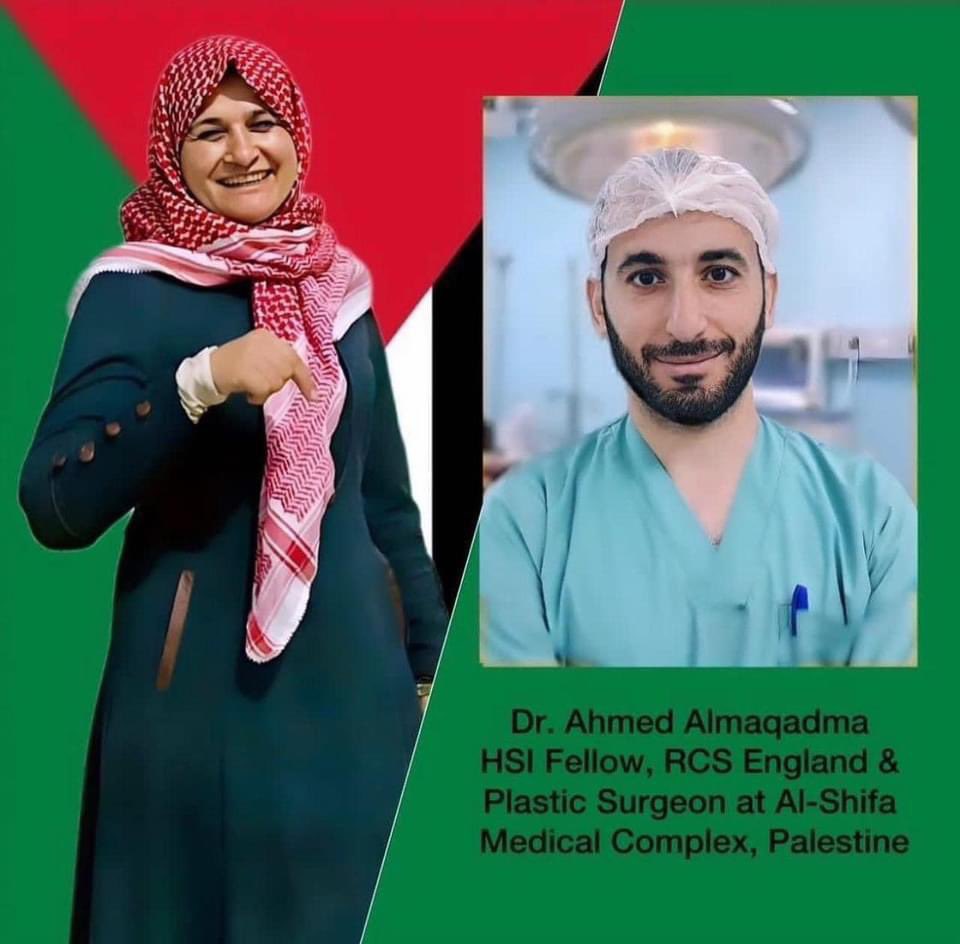 Israeli occupation forces withdrew Monday morning from Al-Shifa hospital after 2-weeks attack. In the pic, Physician Yosra Al-Maqadma and her son Ahmed Al-Maqadma (plastic surgeon), were among at least 300 Palestinians were killed in and around the hospital (MOH).