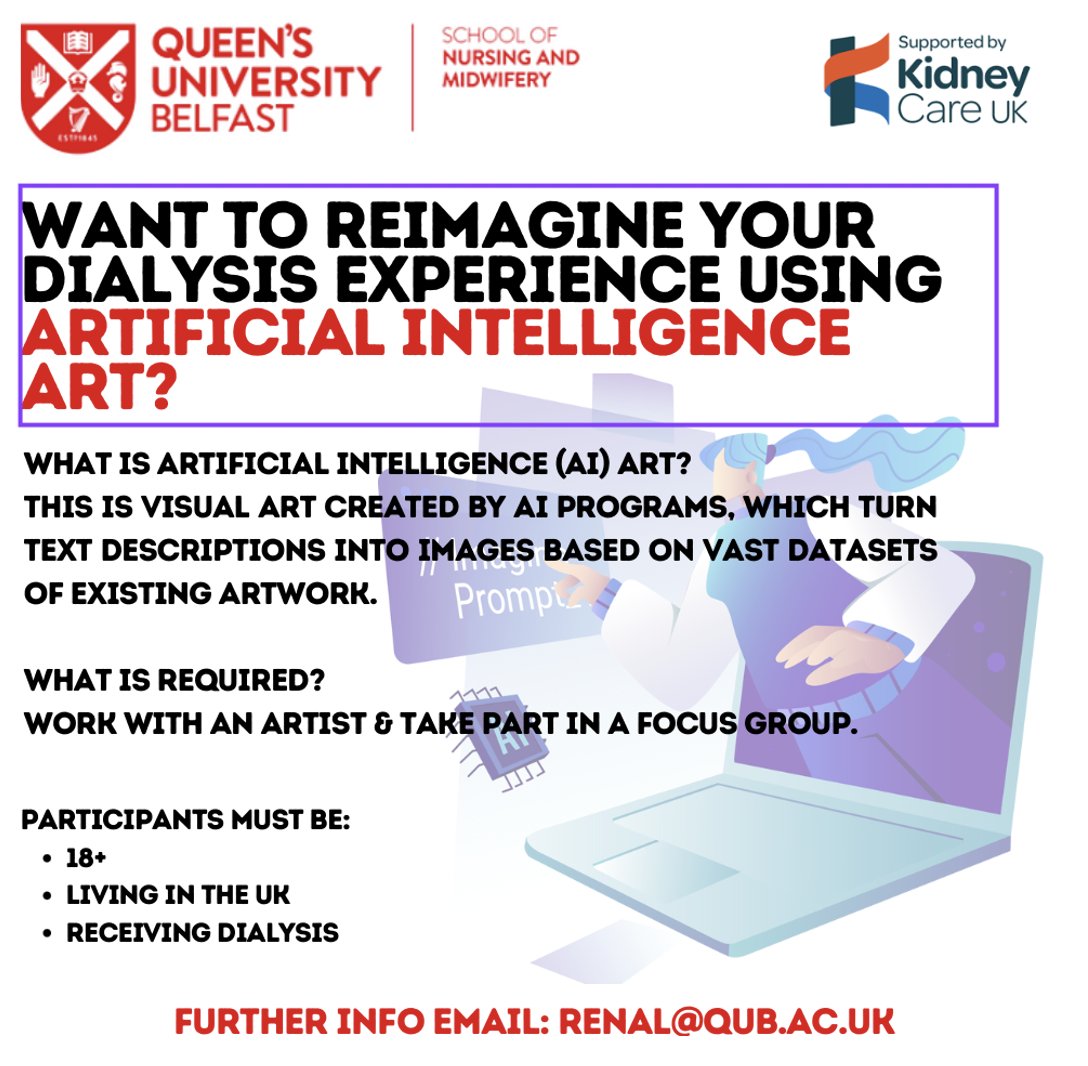 ClareMckeaveney's tweet photo. Join our creative Art and A.I. project with @QUBSoNM &amp; @KidneyCareUK! Share your ideas about dialysis through imagery. 1-to-1 with an expert artist from @PhotoEthics. Your perspective is valuable! For further info email: renal@qub.ac.uk🎨 https://t.co/BSPTWGzgDl