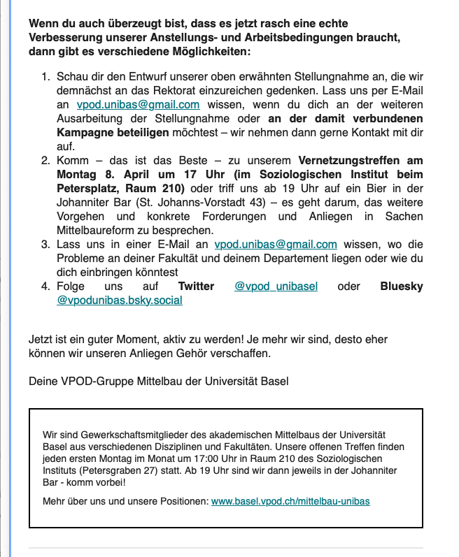 Das Rektorat der Uni Basel glaubt, die versprochene gesamtuniversitäre Mittelbaureform leise ad acta legen zu können – deshalb unser Rundmail an alle Mittelbau-Angehörigen...👇😈 Die Zeit ist günstig: Zusammen für @stablejobs in Basel & überall! 📢✊ @Actionuni1 @ProAcademiaCH