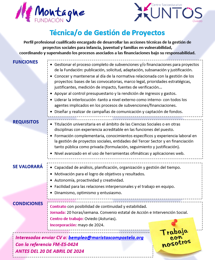 MontagneFund's tweet photo. ¡Buscamos Técnico/a de Gestión de Proyectos!
Envía tu CV a bempleo@maristascompostela.org antes del 20 de abril de 2024. #TrabajaConNosotros https://t.co/KKD1ckp4wX