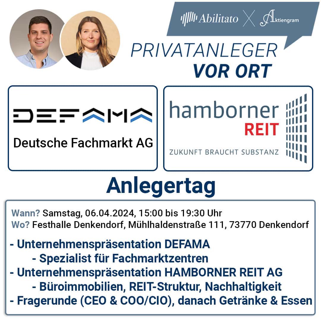 Jonathan Neuscheler (@jonneuscheler) on Twitter photo Diesen Samstag ist es soweit: Unser Community Event in Denkendorf bei Stuttgart findet statt - wir werden gemeinsam eine Menge lernen!
Zuerst stellen die Vorstände der DEFAMA Deutsche Fachmarkt AG (<a href="/kungler/">🦋 Matthias Schrade 🇺🇦🇪🇺</a>) und der HAMBORNER REIT AG ihre Unternehmen vor.
Dann gehen wir in Diesen Samstag ist es soweit: Unser Community Event in Denkendorf bei Stuttgart findet statt - wir werden gemeinsam eine Menge lernen!
Zuerst stellen die Vorstände der DEFAMA Deutsche Fachmarkt AG (<a href="/kungler/">🦋 Matthias Schrade 🇺🇦🇪🇺</a>) und der HAMBORNER REIT AG ihre Unternehmen vor.
Dann gehen wir in