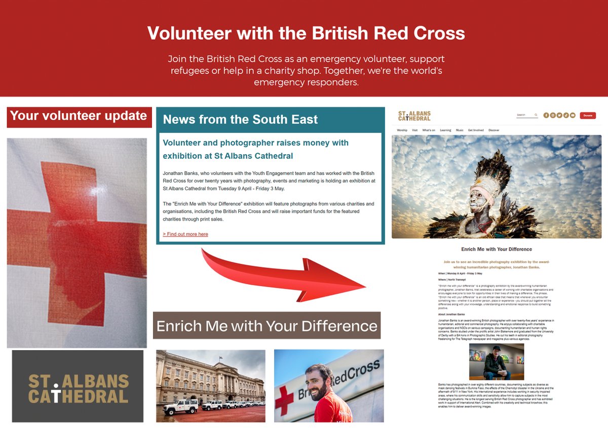 My #photo exhibition, Enrich Me with Your Difference is currently featured on the @BritishRedCross update. The exhibition will run between 8th April & 3rd May - North Transept of @StAlbansCath as part of their artist in residence programme, with the current theme of #charity