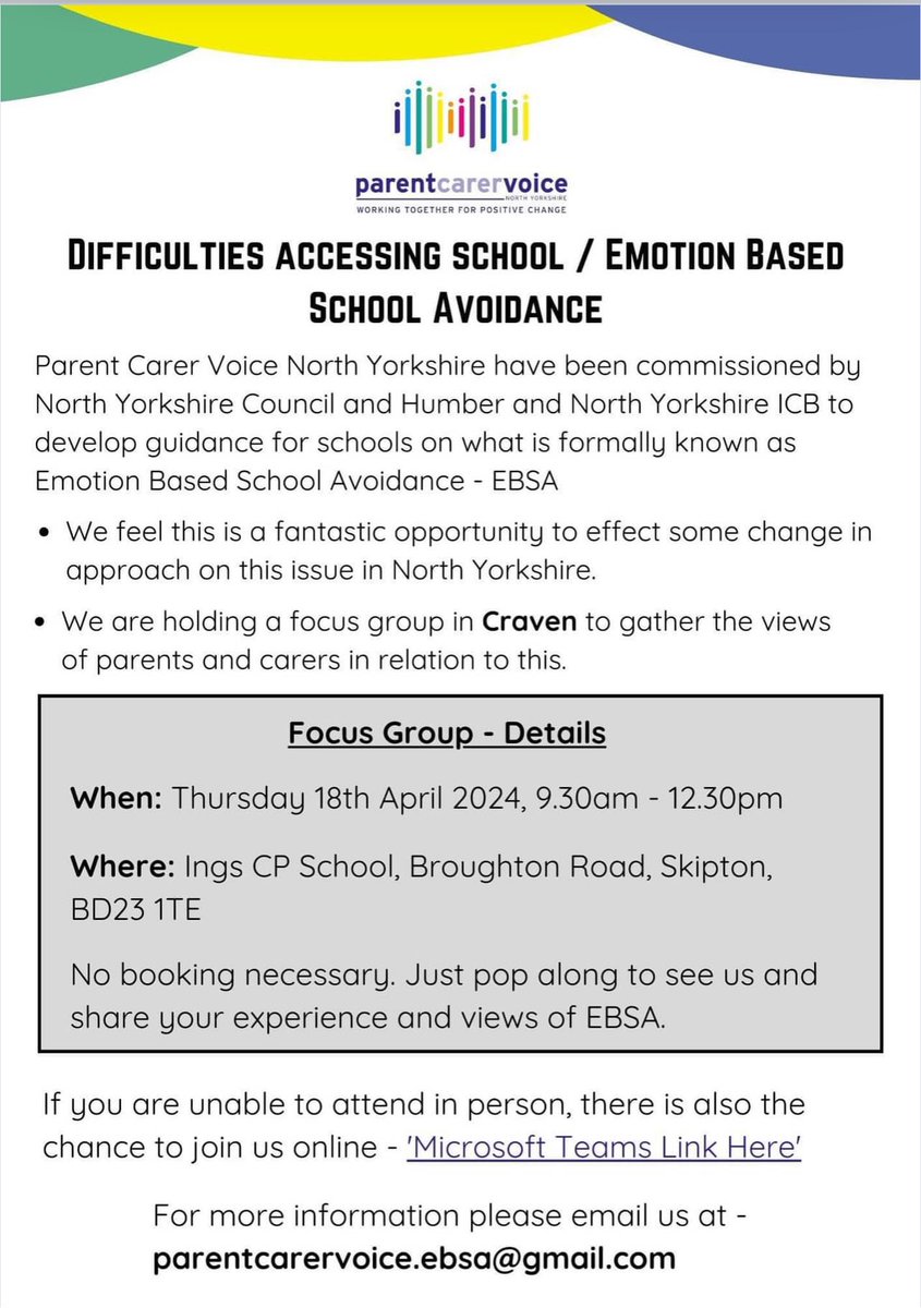 Parent Carer Voice North Yorkshire have been commissioned to develop guidance for schools on what is formerly known as EBSA. They are holding a focus group at Ings CP School on Thurs 18th April, 9.30am - 12.30pm For more information; please contact parentcarervoice.ebsa@gmail.com