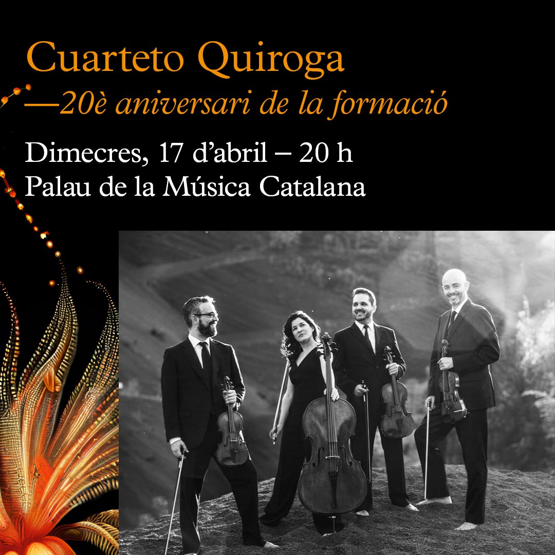 🎶@CuartetoQuiroga — 20è aniversari de la formació 📅17 d'abril, 20 h El quartet interpretarà peces de Hadyn, Bartók i Beethoven, i estrenarà l'obra 'à plèin', un encàrrec del Palau i del propi quartet a @RaquelGTomas 🎟ocpmc.cat/cuartetoquiroga