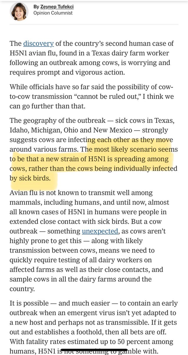 Cows —a surprise species— in dairy farms, cats and now a farm worker are sick with H5N1 avian flu. The geographic distribution suggests it’s spreading from cow-to-cow. Public health officials need to respond quickly, transparently and vigorously. nytimes.com/live/2024/03/2…