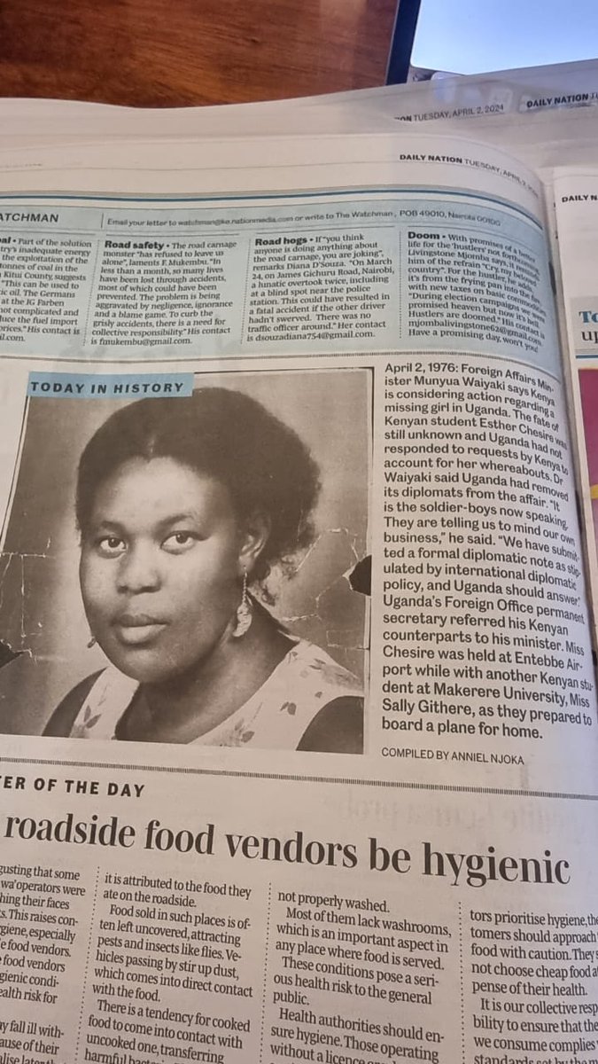 Aunty Esther...
You will never be forgotten. 
Your disappearance in 1976 in Uganda as a student at Makerere University is a constant reminder of the frailty of our existence and what your life could have been. Rest. 
@dailynation_KE
@WilliamChesire @KipronoKittony