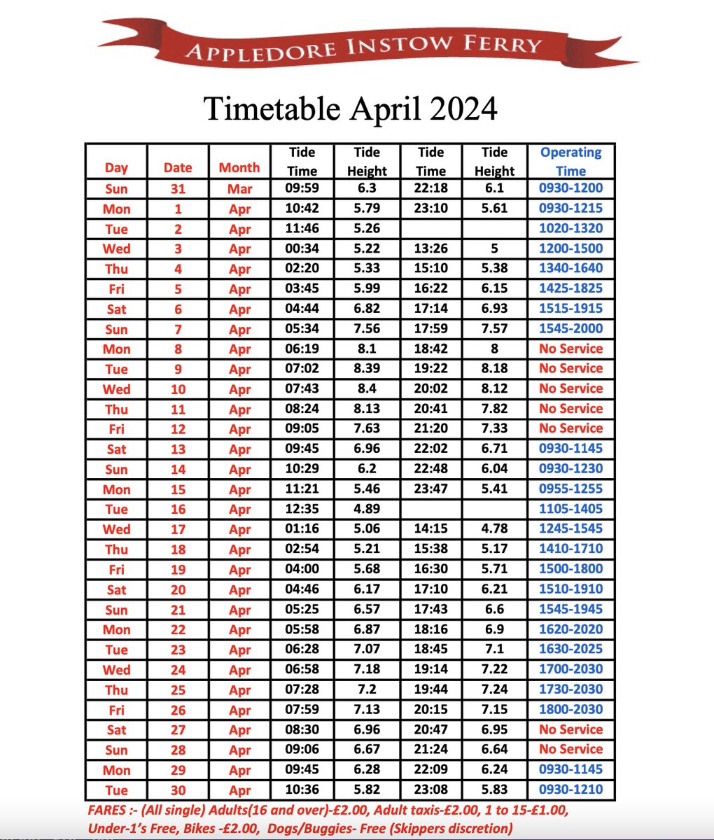 Here is the timetable for Appledore & Instow Ferry over the next couple of weeks