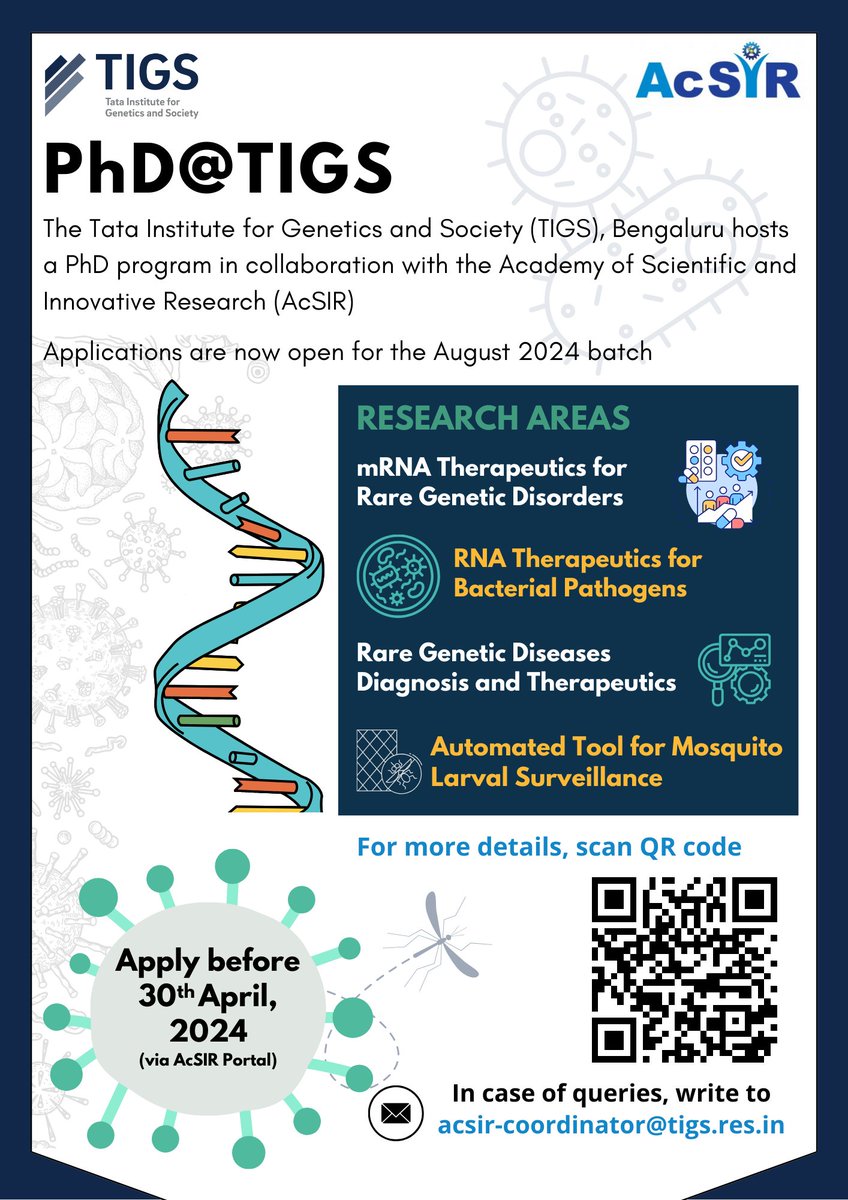 📢 Interested in getting a doctoral degree and to work on cutting edge science with a potential impact on society? Applications are now open for PhD (Sciences) program @TIGS_India for August 2024 session, via @AcSIR_India.🥼 For more details, visit bit.ly/49fpDnf