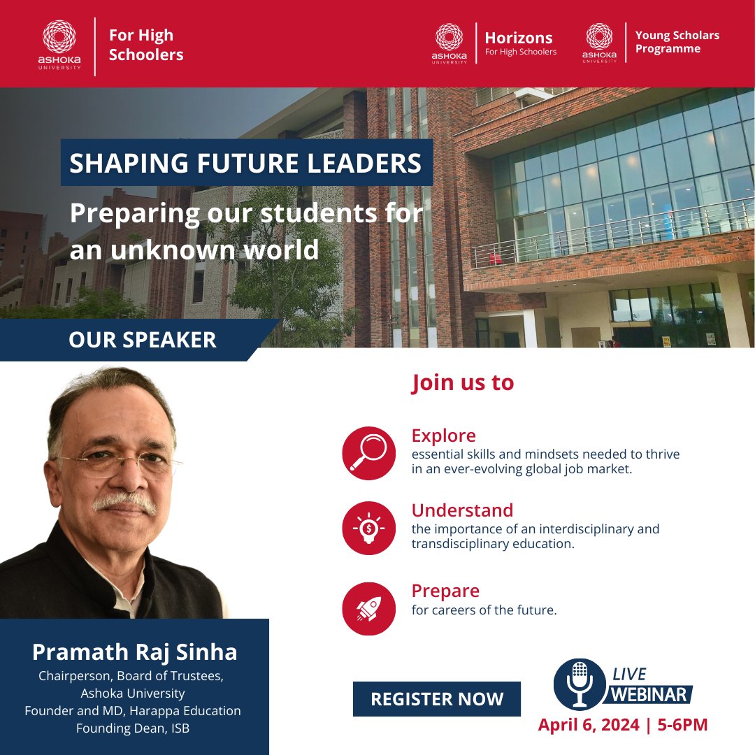 AshokaYSP's tweet photo. We are pleased to invite educators and counsellors for an exclusive webinar on 'Preparing our students for an unknown world' with the visionary and mentor @PramathSinha.

#ashokaforhighschoolers #ashokahorizons #youngscholarsprogramme https://t.co/VZUK1cJiz6