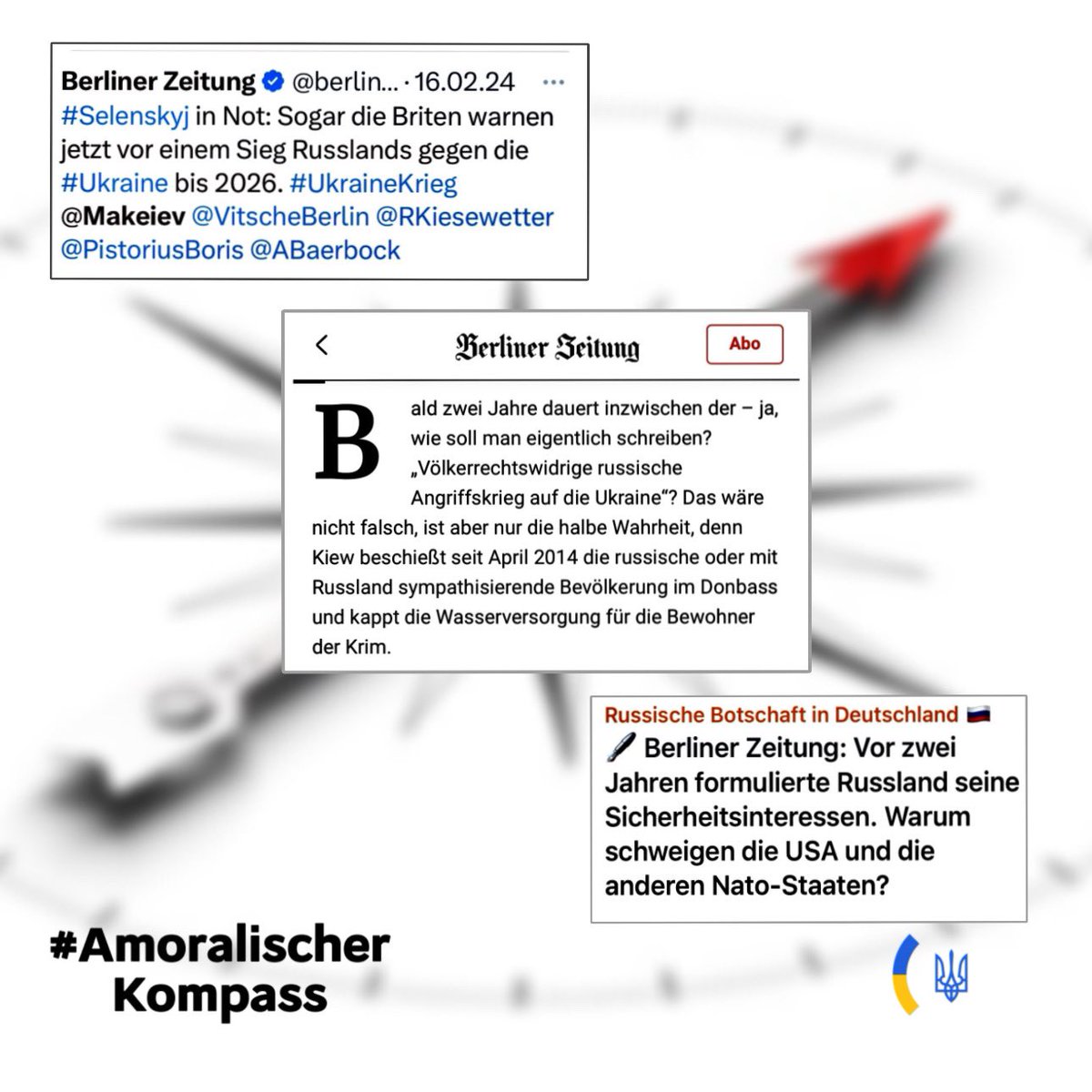 Regelmäßig markiert mich @berlinerzeitung in Posts mit Artikeln, die selbst die russische Botschaft gerne teilt — so sehr werden dort Realität und Wahrheit über den russischen Angriffskrieg verdreht. Ist @berlinerzeitung das neue Radio Moskau? Thread. /1 #AmoralischerKompass