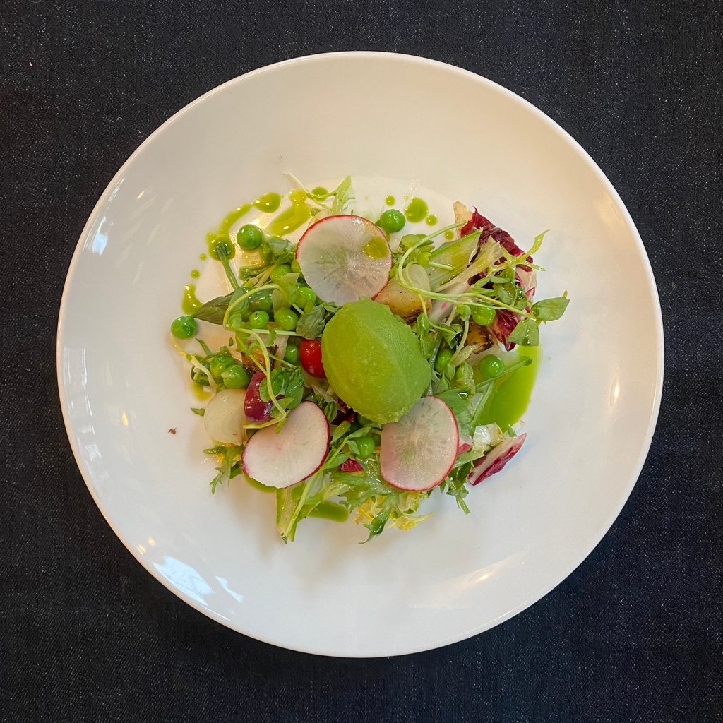 Spring salad of sussex asparagus, cipollini onions, radish & pea sorbet. New for April.