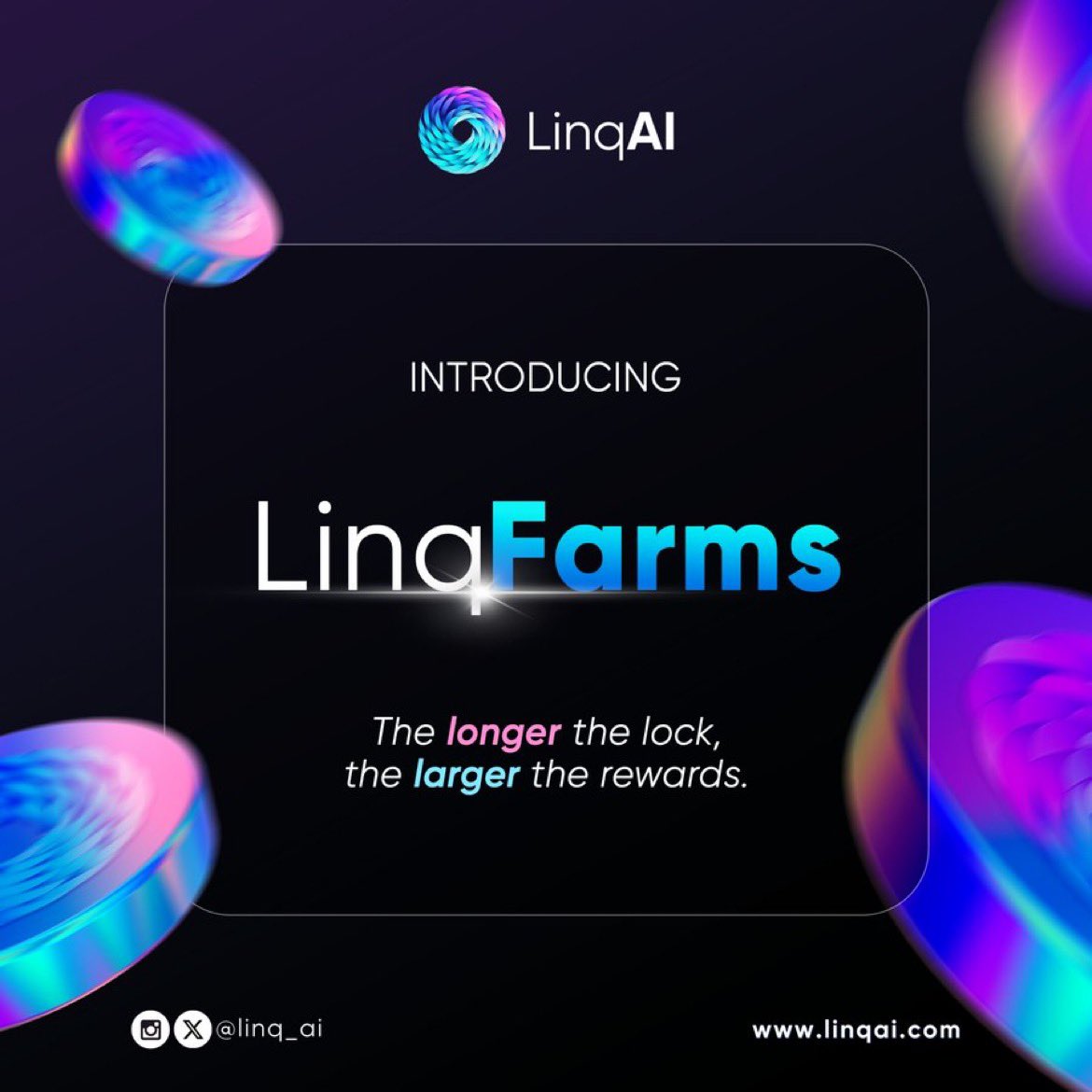 Yield farming in crypto is a great opportunity that lets you earn returns by leveraging your assets in DeFi  🌾 🚜 

With @linq_ai you can hold your $LNQ in a yield farm for a percentage APY based on locked tokens and chosen your preferred farm! 

#DeFi #YieldFarming #LinqAI