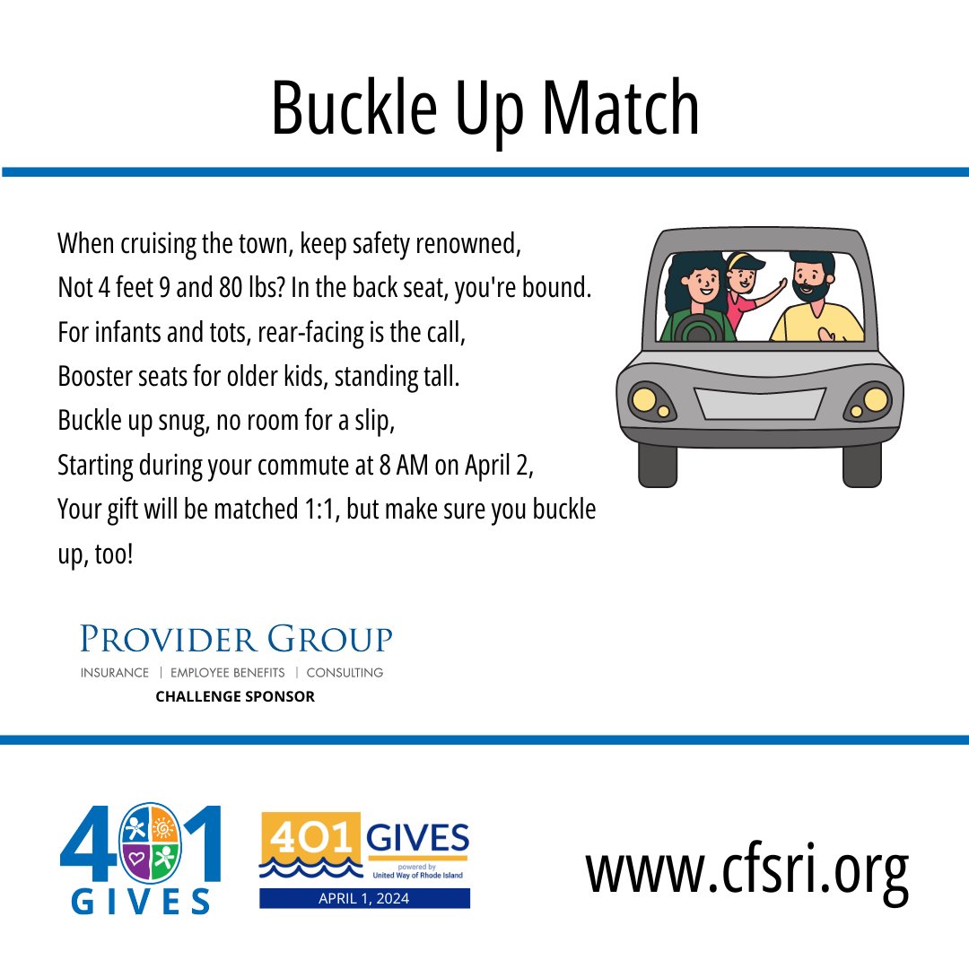 Cruising around town? Safety should be renowned! Keep your little ones secure in rear-facing seats & booster seats. Don't miss out on matching gift opportunity starting April 2 at 8 AM - just remember to buckle up yourself! @401Gives #BuckleUp Donate now -401gives.org/organizations/…