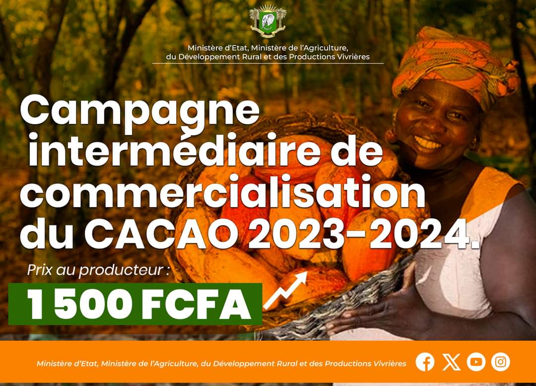 Prix bord champ fixé à 𝟭 𝟱𝟬𝟬 𝗙𝗿𝗮𝗻𝗰𝘀 𝗖𝗙𝗔 pour la campagne intermédiaire 2023-2024 de commercialisation du Cacao. #KKA