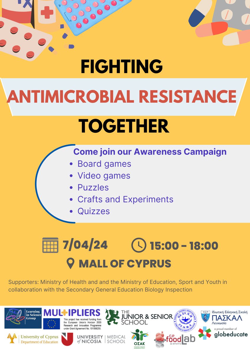 Join us this Sunday at the Mall of Cyprus to raise awareness about #AntimicrobialResistance @MULTIPLIERS_ @UNIC_med C.P. Foodlab LTD, Ελληνική Σχολή ΠΑΣΚΑΛ Λευκωσία, Senior School, @insster_center Συνδέσμων Ασθενών Κύπρου Επιτροπή Μαιών - Μαιευτών-ΠΑΣΥΝΜ facebook.com/events/1482004…