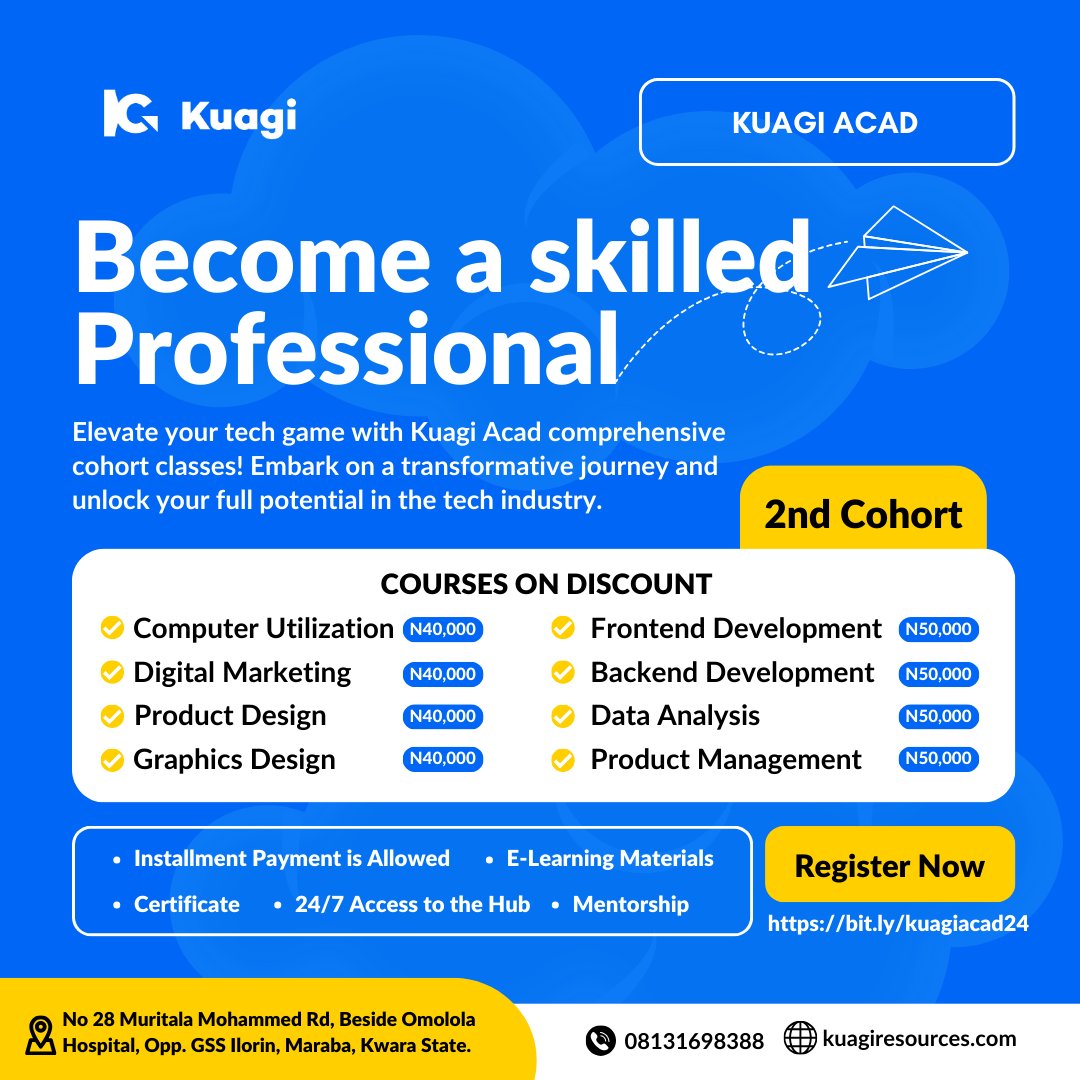 As Kuagi ACAD is gearing up for its next Cohort.🎉 It's time for you to kickstart your path to BECOMING A SKILLED PROFESSIONAL! 😁 Rejoice! Our prices are DISCOUNTED, plus we offer INSTALMENT PLANS!📈 To Enrol, Register here : bit.ly/kuagiacad24 #KuagiAcad #KuagiResources