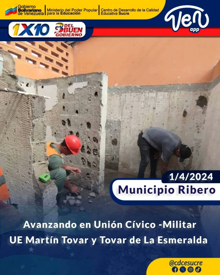 CDCESucre's tweet photo. ¡Bricomiles en Acción!

Gracias al presidente @NicolasMaduro y al #1x10DelBuenGobierno, a traves de la #VenApp, continúan las labores de rehabilitación y embellecimiento de los espacios de la UE Martín Tovar y Tovar de la Esmeralda Municipio Ribero.

#JuntosPorLaPaz https://t.co/z83FBueIOD