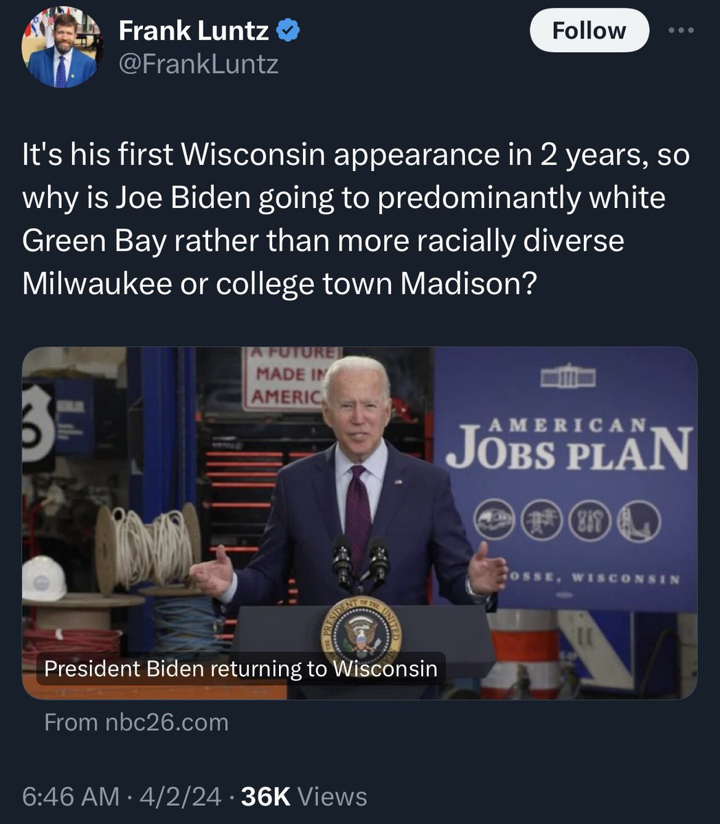 The story he posts literally says it is Biden’s 10th trip to WI as president and 3rd this year. He was in Milwaukee 3 weeks ago and has announced a trip to Madison on Monday. WTF is this guy doing??? Trust him though, he’s a very reliable pollster. Won’t steer you wrong.