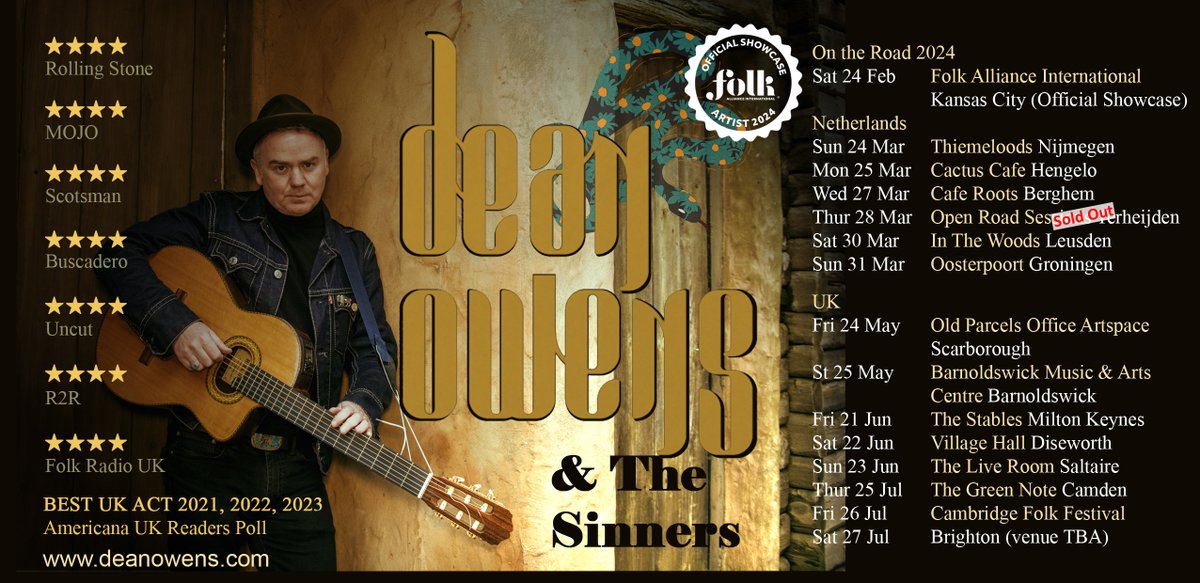 Our summer shows in the UK are coming together. Tickets are on sale for the ones listed here. Very excited to be playing these shows with my band The Sinners, including Cambridge Folk Festival and a first London show for us at @GreenNote For ticket info - deanowens.com