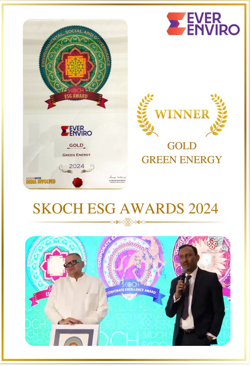 We are thrilled to announce that EverEnviro, has been honoured with the prestigious Skoch Group ESG Awards 2024 (Gold) in the Green Energy category🌿 Our efforts align closely with India's vision for a greener, more sustainable future.♻️🌍💚