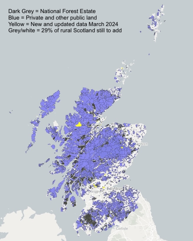 The March 2024 update to Who Owns Scotland is now published. It adds 61 new landholdings covering an additional 40,725 acres & brings the total coverage to 3000 landholdings covering 13,486,2522 acres - 71% of rural Scotland. 1/2 whoownsscotland.org.uk
