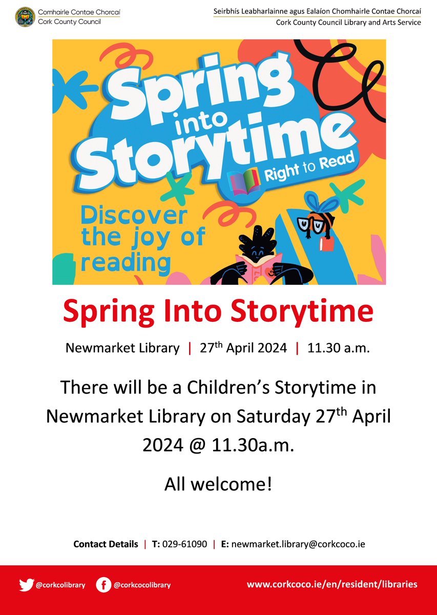 Storytime at #Newmarketlibrary on Saturday 27th April at 11.30a.m. All welcome! #righttoread