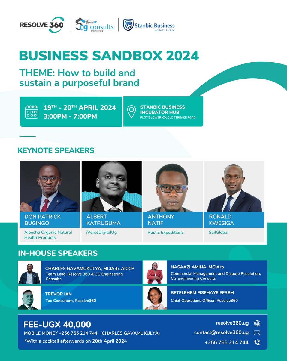 It’s APRIL! That means one thing for an entrepreneur: THE BUSINESS SANDBOX. All business owners should partake in this two day activity which will be hosted at the Stanbic Incubator Hub in Kololo, Kampala. Limited slots! Grab your ticket here: ticket.ug/resolve