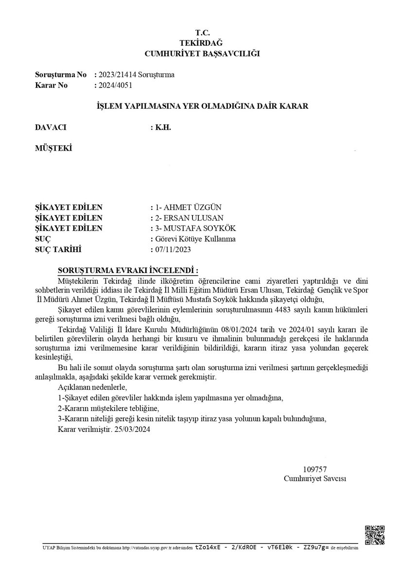 ÇEDES adı verilen gerici eğitim projesi kapsamında, okullarda yürütülen laiklik karşıtı faaliyetlerle ilişkili kamu görevlilerinin soruşturulması talebiyle yaptığımız başvuru, Tekirdağ Cumhuriyet Başsavcılığı tarafından reddedildi. Ülkenin her alanına yayılan gerici…