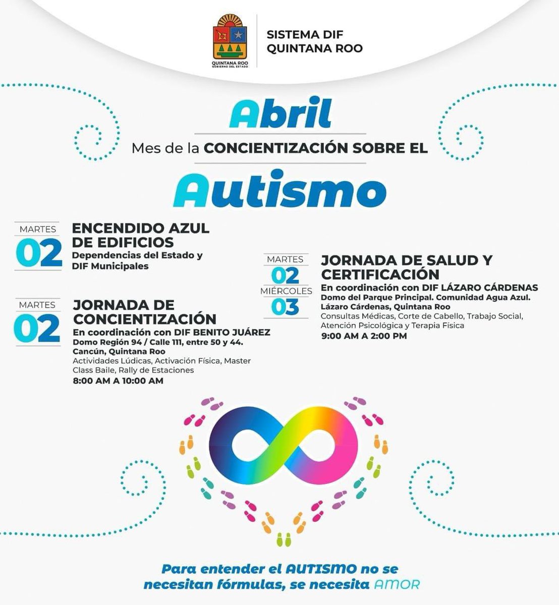 MaraLezama's tweet photo. Amig@s, abril es el #MesAzul, dedicado a crear conciencia sobre el autismo y por ello se tienen preparadas actividades especiales para ti y tu familia. 🙋🏽♀️🙋🏻♂️ ¡Participa y junt@s hagamos de #QuintanaRoo un estado más inclusivo! 🌟 https://t.co/GjJb5rwmJs