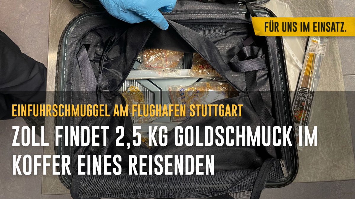 🛄 Versteckt im Innenfutter seines Koffers versuchte ein Reisender 2,5 kg Goldschmuck am @STR_Airport einzuschmuggeln. 🔍 Einsatzkräfte des #HZAstuttgart entdeckten den Schmuck mittels Röntgenkontrolle. 💰 Höhe der hinterzogenen Abgaben: 42.500 € presseportal.de/blaulicht/pm/1…