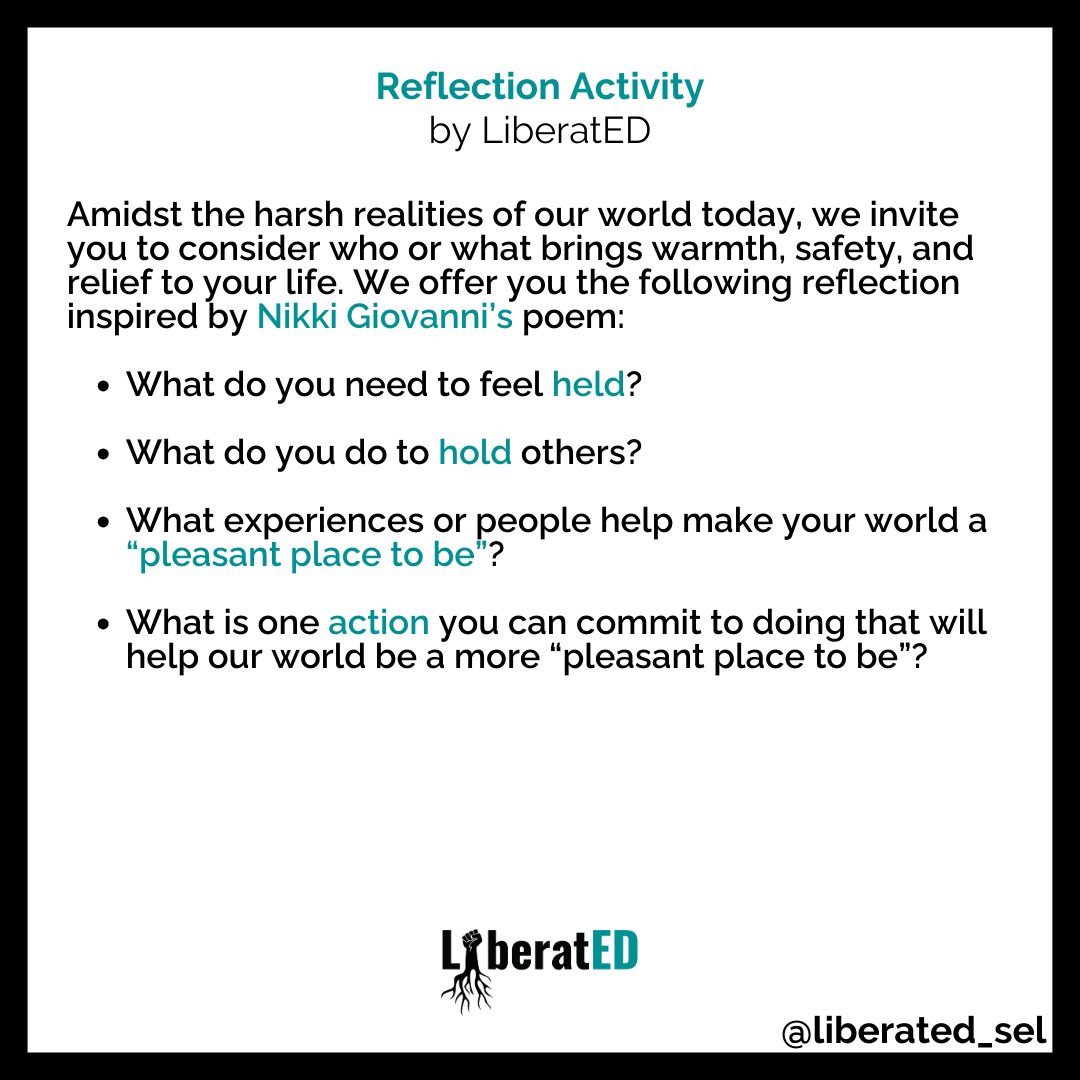 What do you need to feel held? Amidst the harsh realities of our world today, we invite you to consider who or what brings warmth, safety, and relief to your life. We offer you a reflection inspired by #NikkiGiovanni’s poem. #NationalPoetryMonth #LiberatEDSEL